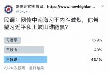 民调:网传中南海习王内斗,16.9%的网友希望习近平赢;40%的网友希望王岐山赢;43.1%的网友保持中立
