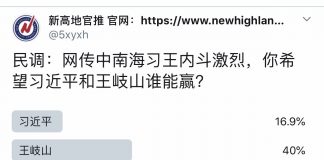 民调:网传中南海习王内斗,16.9%的网友希望习近平赢;40%的网友希望王岐山赢;43.1%的网友保持中立