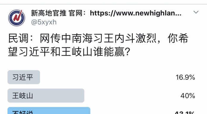 民调:网传中南海习王内斗,16.9%的网友希望习近平赢;40%的网友希望王岐山赢;43.1%的网友保持中立