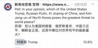 民调:72.2%的网友认为,习近平与特朗普、普京、金正恩相比,习对世界和平的威胁最大