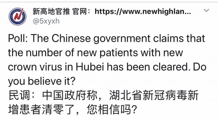 民调结果显示:76%的网友不相信中国政府公布的湖北省新冠病毒新增患者清零数字;相信的只有18%