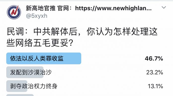 民调:中共解体后,47%的网友认为应将网络五毛依法以反人类罪收监;23%认为发配到沙漠治沙;17%认为给予免罪