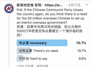 民调:70.7%的网友认为,如果中共再次闭关锁国,海外华侨有必要建立一个海外临时政府